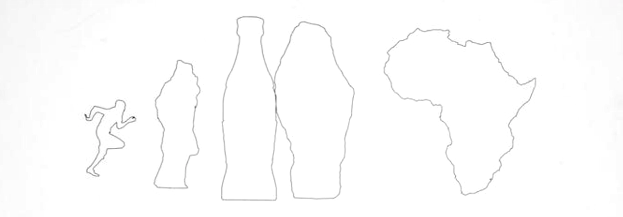 The sparsely-outlined silhouette of a runner in full motion smoothly transforms, from left to right, into a Cola bottle, and the continent of Africa.